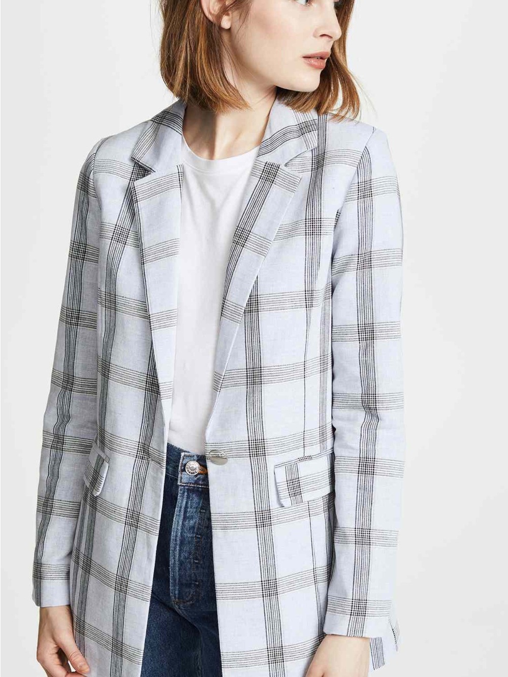 Chriselle Lim x JOA Plaid Longline Blazer XS Gray Black Glen Plaid Jacket